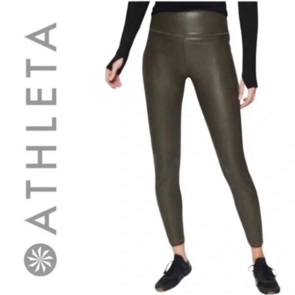Athleta Faux-Leather Olive Green High-Waist Leggings